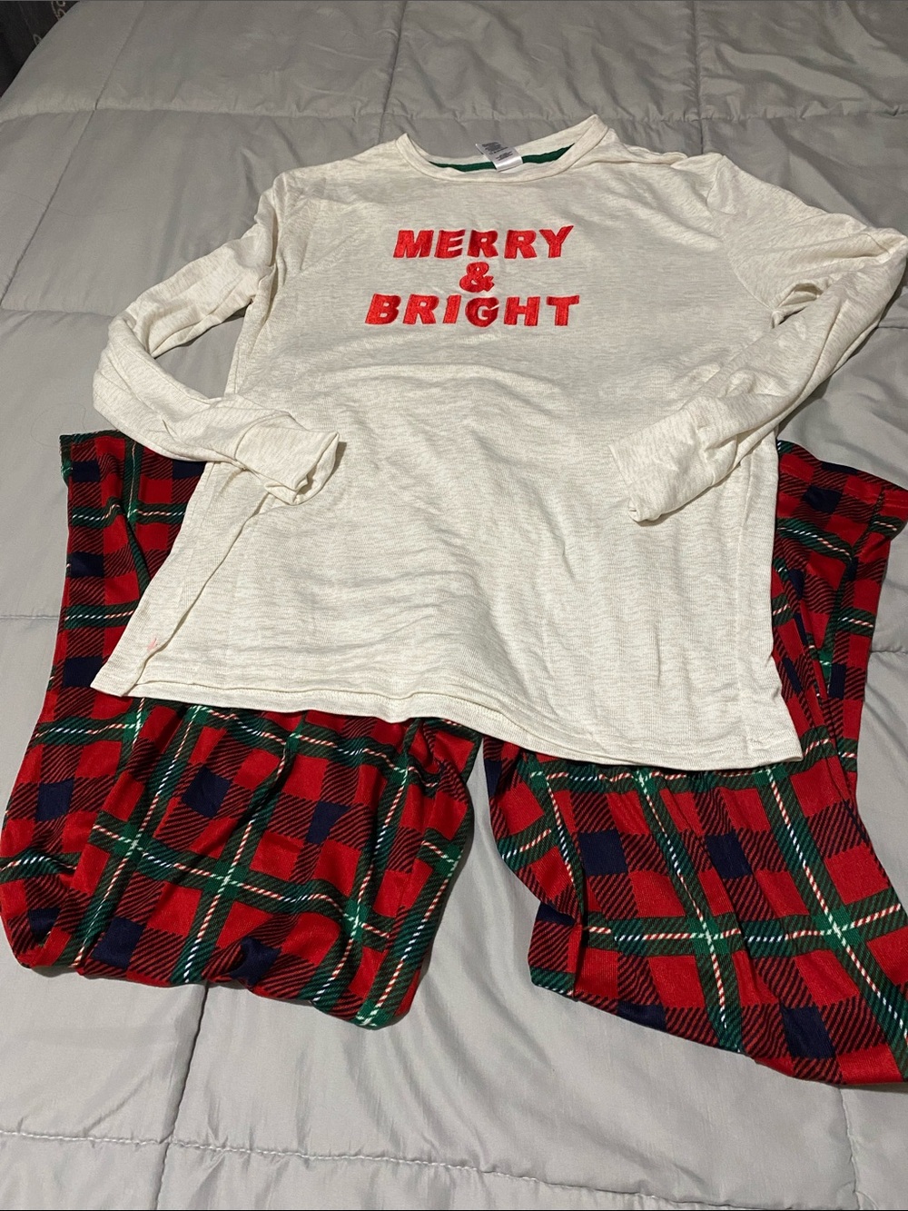 Cream 'Merry & Bright' Long-Sleeve Top with Red Plaid Pajama Set